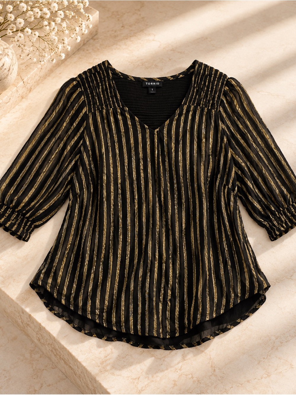 torrid Black and Gold Vertical Stripe V-Neck Blouse